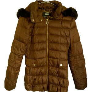 Ivanka Trump Puffer Jacket XS Faux Fur Hood Brown